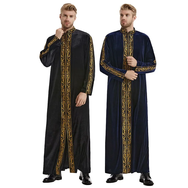 Muslim Arab Men Embroidery Velvet Thobe Thawb