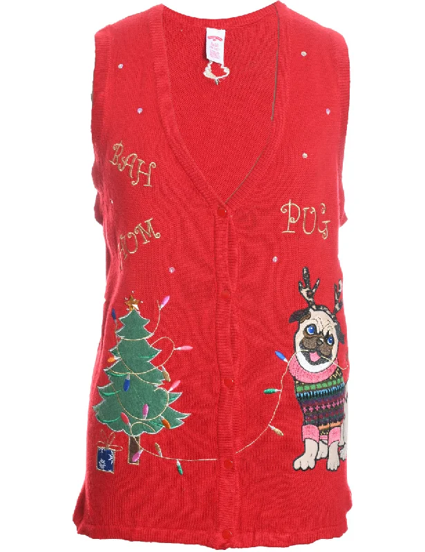 Clearance Sale Red Embroidered Pug Design Applique Detail Sweater Vest - XL
