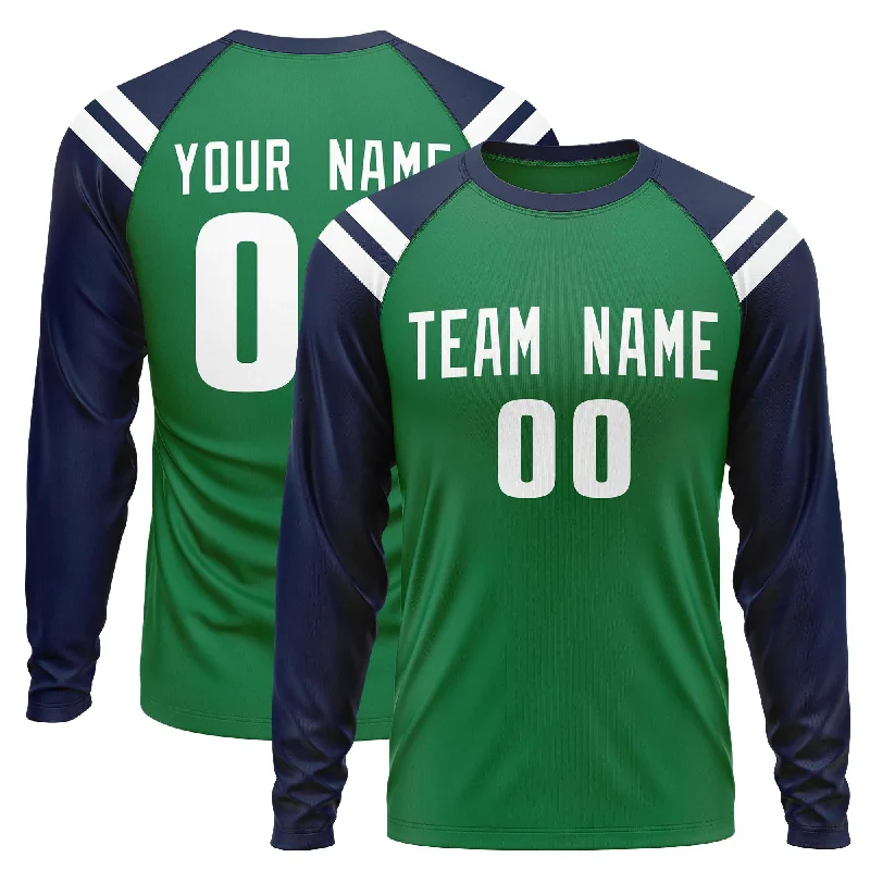 Custom Kelly Green Navy-White Crew Neck Personalized Raglan Long Sleeve Performance T-Shirt