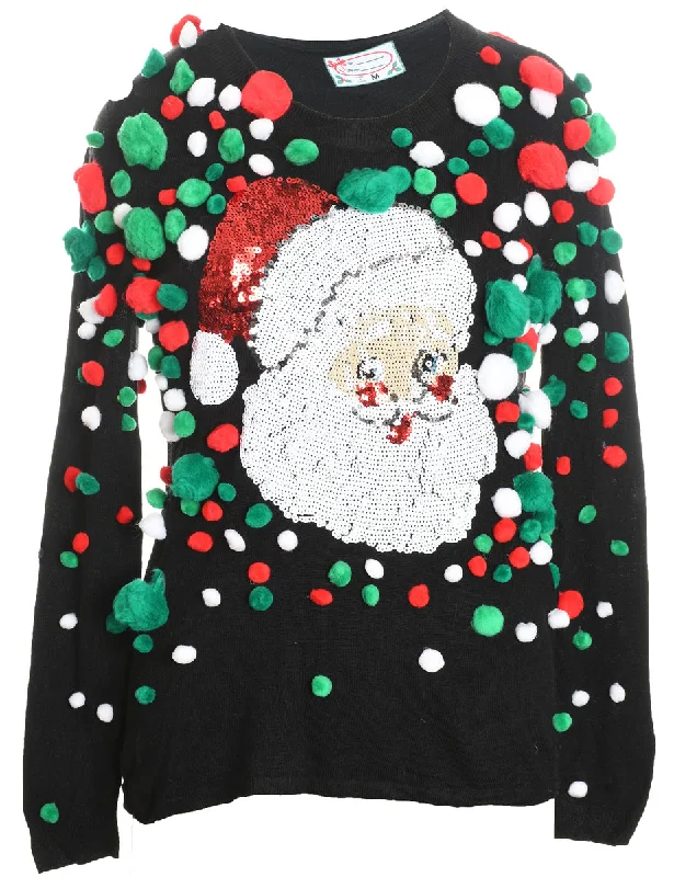 Santa Claus Design Black, Green & Red Sequined Christmas Jumper - M