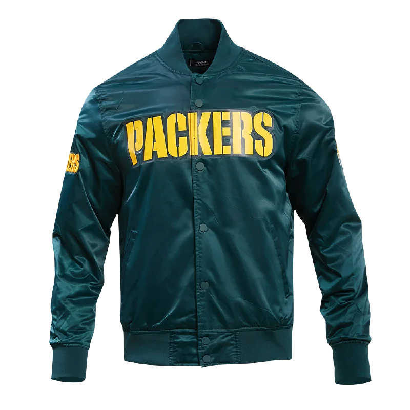 Super Sale NFL GREEN BAY PACKERS BIG LOGO MEN'S SATIN JACKET (FOREST GREEN)