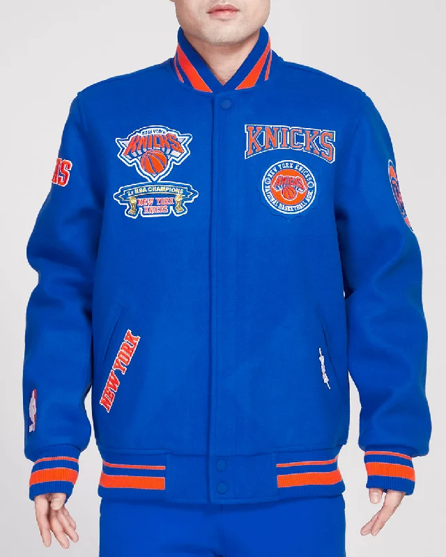 Act Now NBA NEW YORK KNICKS CREST EMBLEM MEN'S RIB WOOL VARSITY JACKET (ROYAL/ORANGE/ROYAL) Act Now NBA NEW YORK KNICKS CREST EMBLEM MEN'S RIB WOOL VARSITY JACKET (ROYAL/ORANGE/ROYAL)