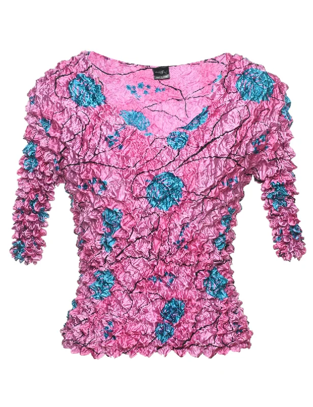 Year-End Deals Pink & Blue Floral Print Popcorn Top - S