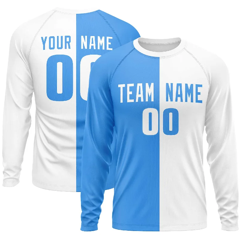 Weekend Bargains to Enjoy Custom Powder Blue White Crew Neck Split Design Long Sleeve Performance T-Shirt Weekend Bargains to Enjoy Custom Powder Blue White Crew Neck Split Design Long Sleeve Performance T-Shirt