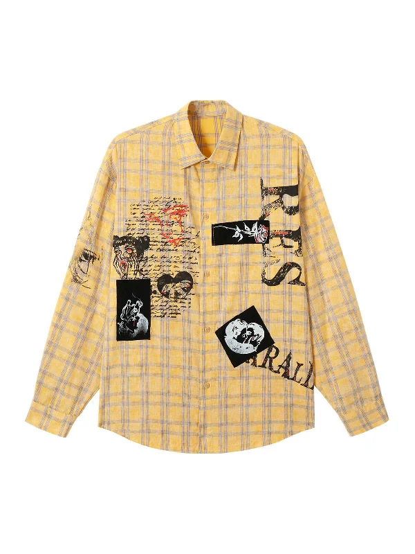 Unmissable Offer Graffiti Letter Print Long Sleeve Plaid Polo Shirt