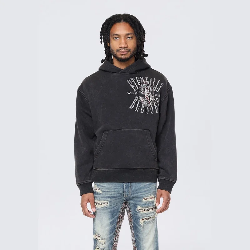 Year-End Clearance Dropped Shoulder Tapestry Varsity Hoodie - Black