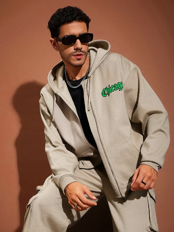 Weekend Specials to Relish Men Taupe CHICAGO Oversized Zipper Hoodie