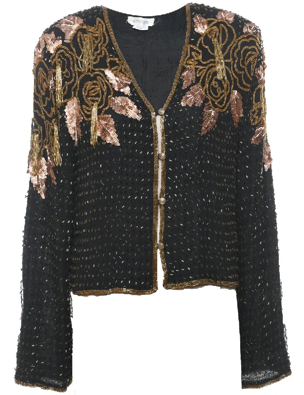 Silk Beaded 1980s Black & Gold Evening Jacket - M