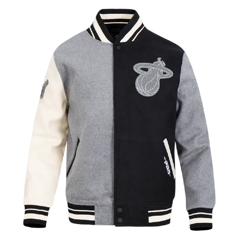 NBA MIAMII HEAT REVERSE FRENCH TERRY MEN'S CB WOOL VARSITY JACKET (BLACK/GRAY/EGGSHELL)