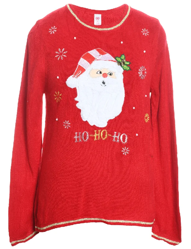 Santa Claus Design Red Embroidered Christmas Jumper - M