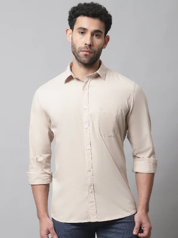 Discount Mania Men's Beige Casual Plain Stretch Full Sleeve Shirt