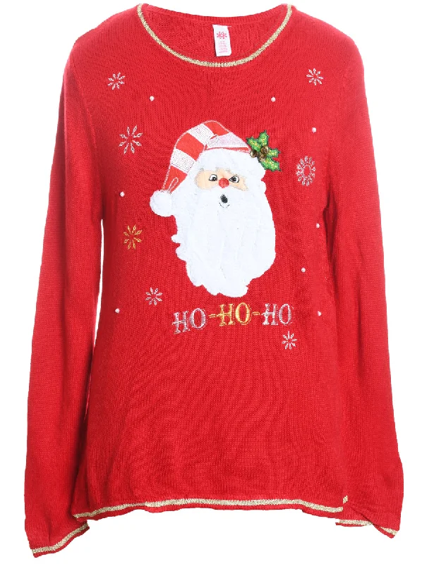 Santa Claus Design Red Knit Christmas Jumper - L