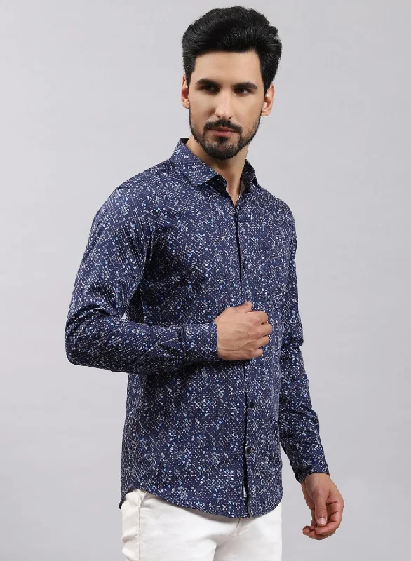 Men NAvy Blue Printed Pure Cotton Shirt