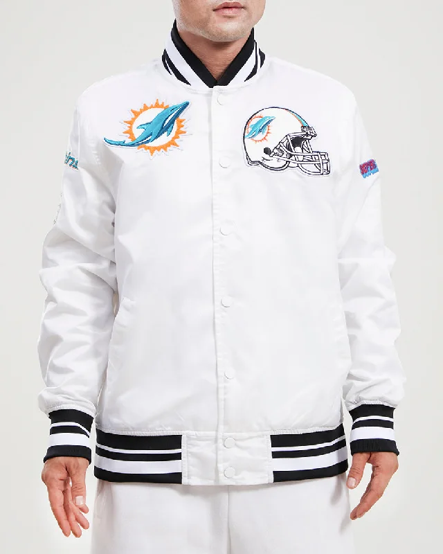Now Available NFL MIAMI DOLPHINS MASHUP LOGO MEN'S SATIN JACKET (WHITE)