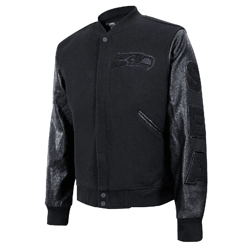 NFL SEATTLE SEAHAWKS TRIPLE BLACK LOGO MEN'S VARSITY JACKET (TRIPLE BLACK)