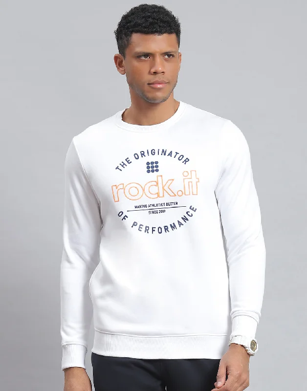 Men White Solid Round Neck Full Sleeve Sweatshirt