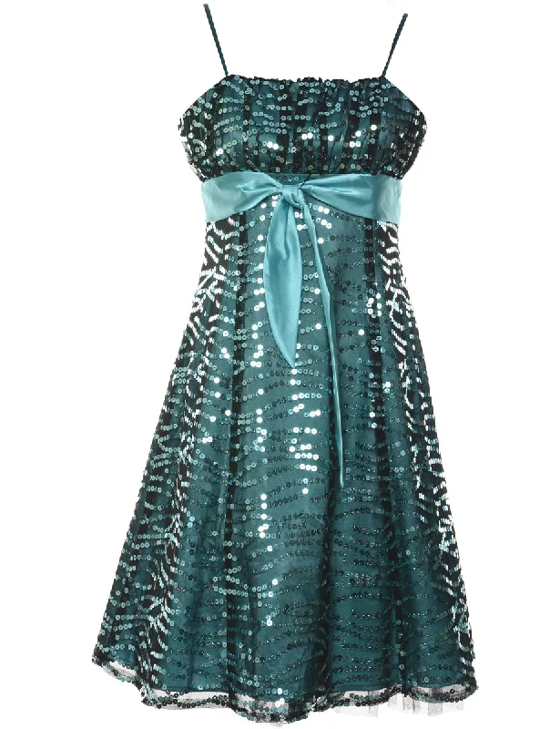 Sequined Green Strappy Evening Dress - M