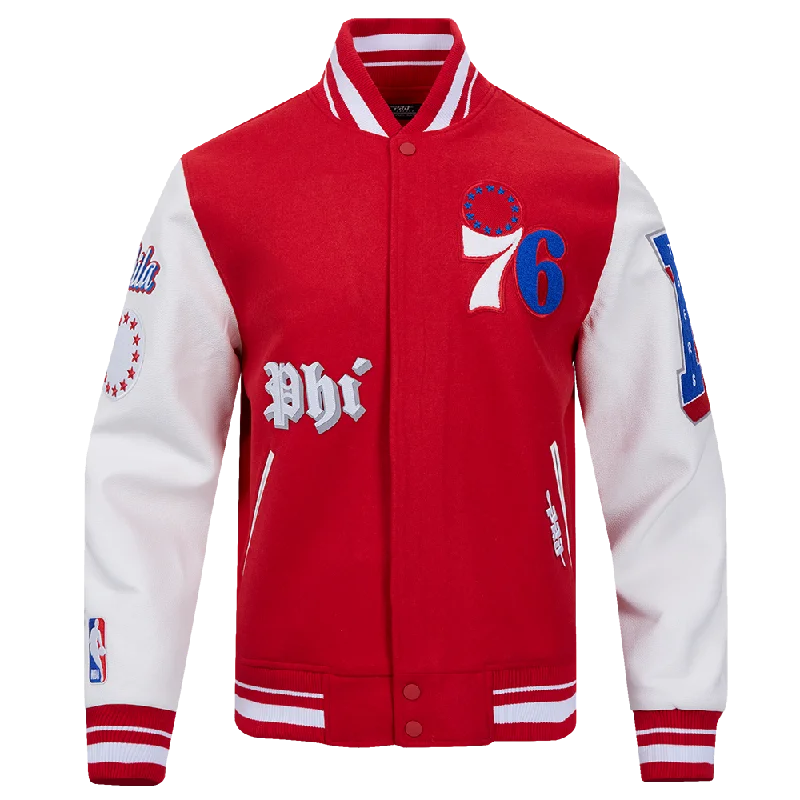 Weekend Specials to Love NBA PHILADELPHIA 76ERS OLD ENGLISH MEN'S RIB WOOL VARSITY JACKET (RED/WHITE)
