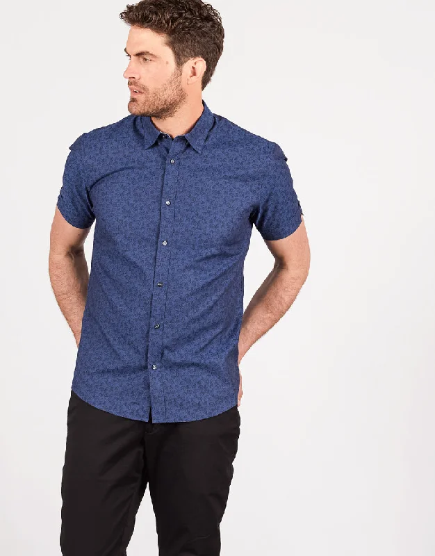 Waihi Navy Shell Print Short Sleeve Shirt