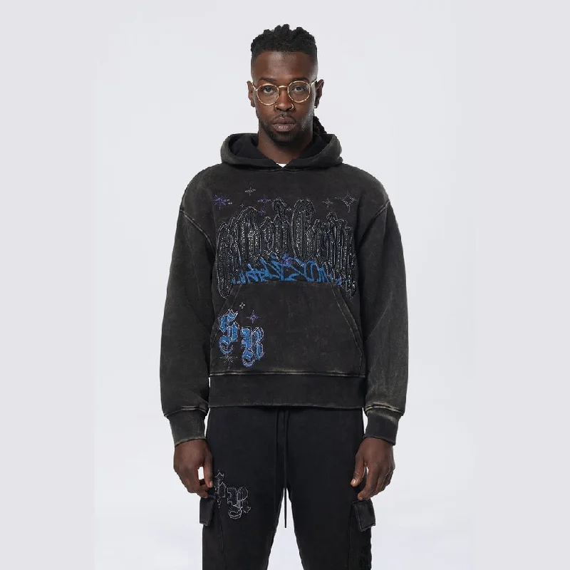 Quick Sale Dropped Shoulder Rhinestone Dystopia Hoodie - Black