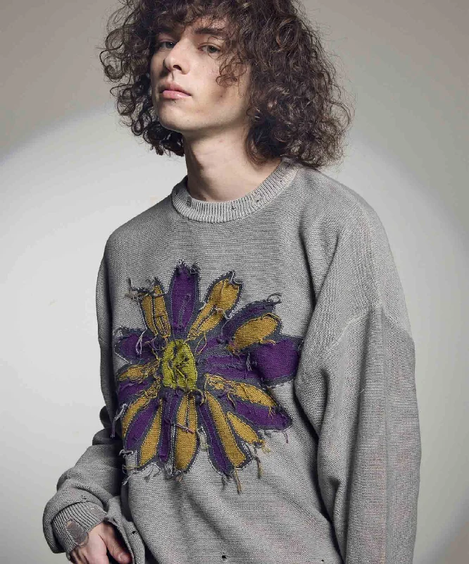 Weekend Specials to Delight Prime-Over Pigment Dyed Intarsia Flower Knit Pullover
