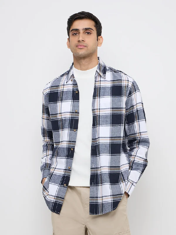 Weekend Offers That Amaze WES Casuals Navy Checks Printed Relaxed-Fit Cotton Shirt