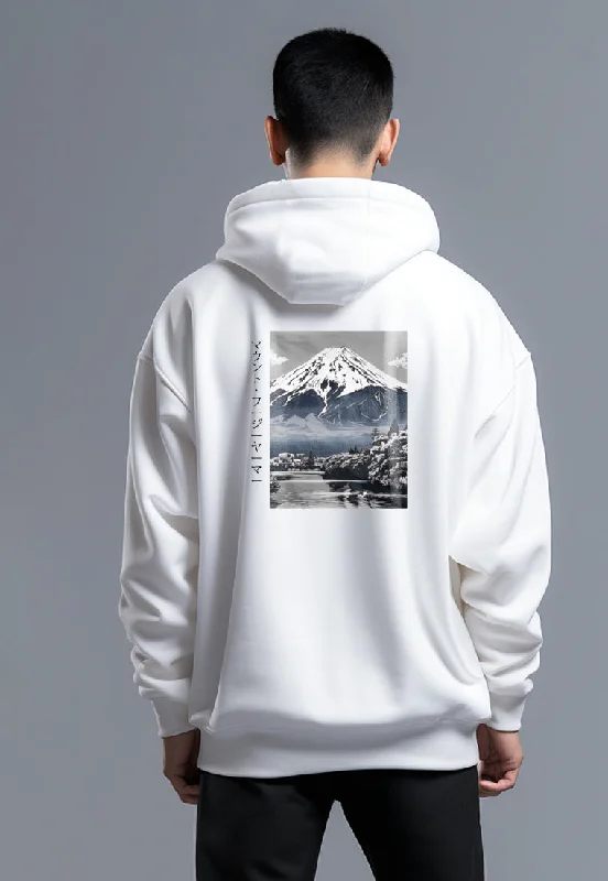 One-Day Only MOB06 Hoodie Gambar Belakang Keren Gunung Fuji Bahan Scuba Putih