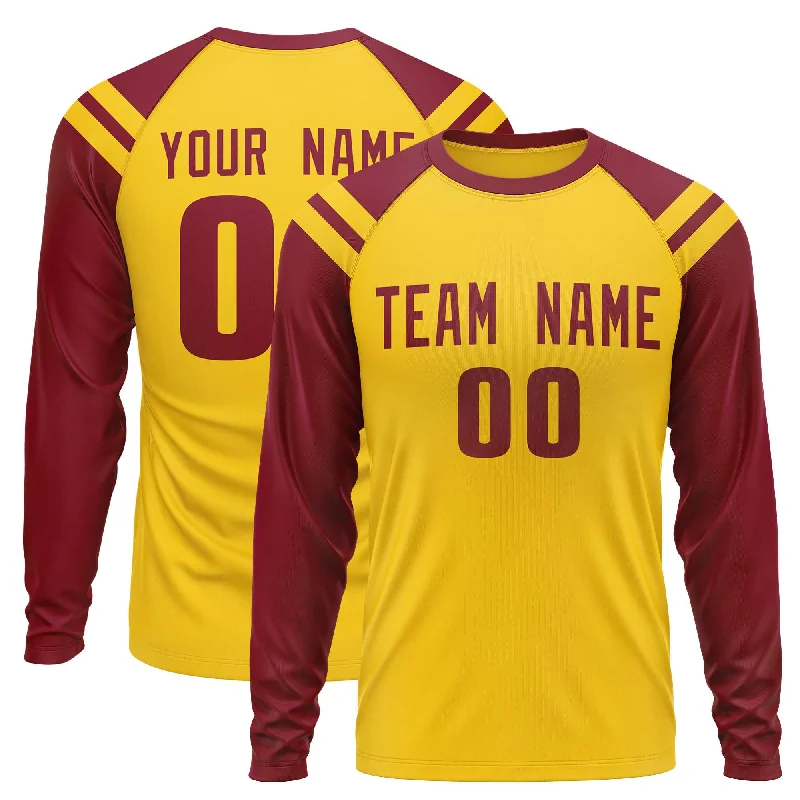 Custom Gold Crimson-White Crew Neck Personalized Raglan Long Sleeve Performance T-Shirt