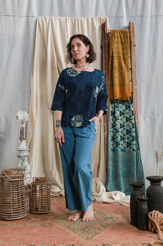 Time-Limited Offer Half Sleeve Ajrakh Indigo Cotton Top