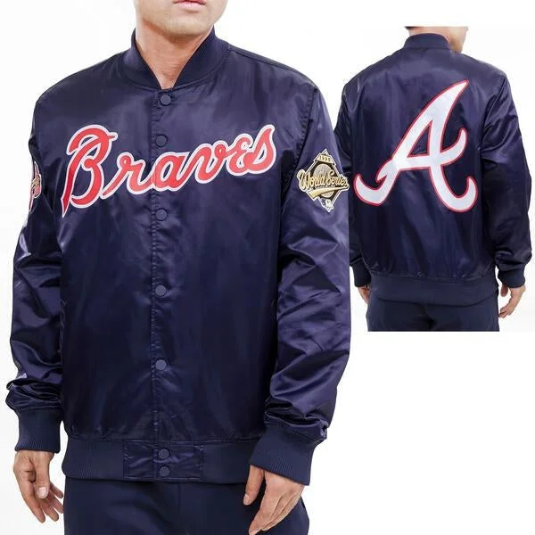 MLB ATLANTA BRAVES BIG LOGO WORLD SERIES MEN'S SATIN JACKET (MIDNIGHT NAVY)