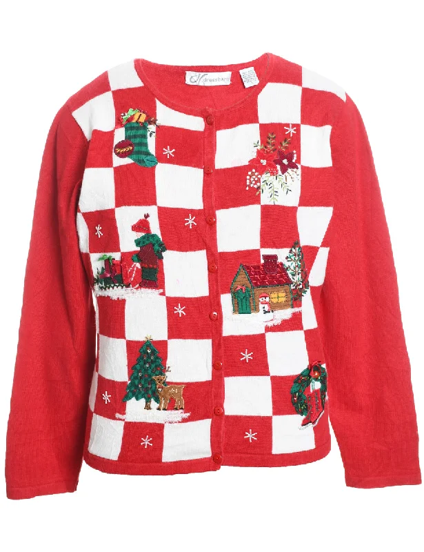 Special Buy Red & White Appliqued Christmas Cardigan  - L