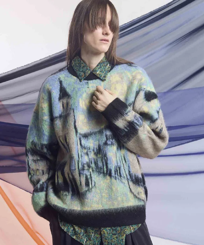 Limited Offer Prime-Over Landscape Painting Crew Neck Knit Pullover