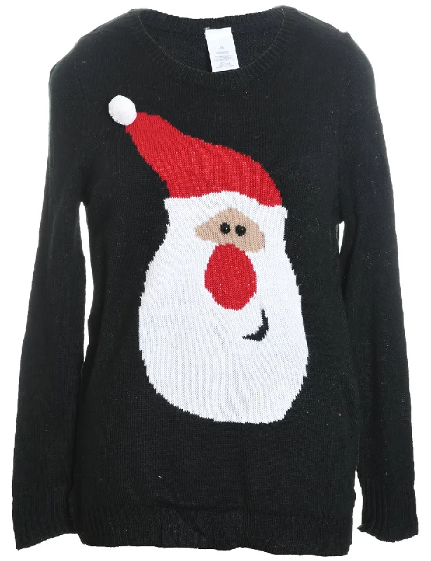 Santa Claus Design Black Knit Christmas Jumper - L