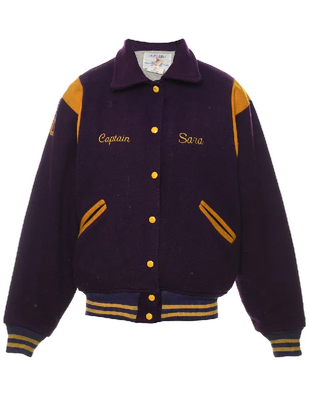 Weekend Discounts to Delight Purple & Yellow Embroidered 1980s Christian Academy Cheerleading Varsity Jacket - M