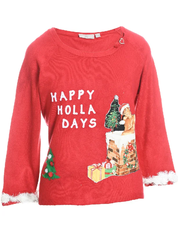 Time-Sensitive Red & White Festive Knit Christmas Jumper - L