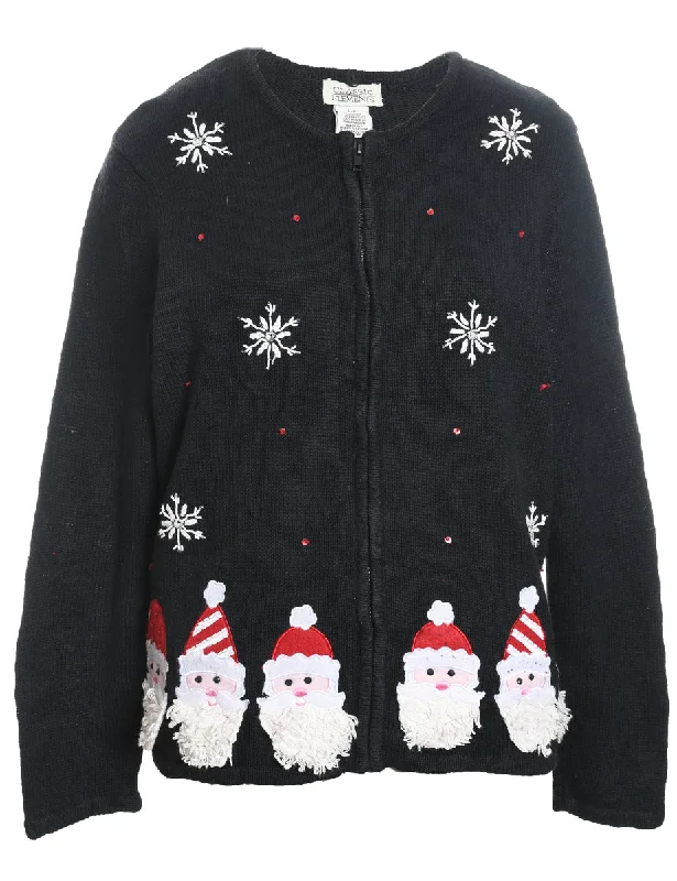 Santa Claus Design Black Zip-Front Christmas Cardigan - M