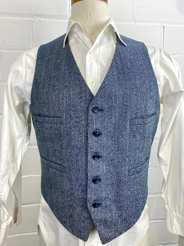 Vintage 80s Men's Blue Herringbone Stripe Waistcoat/ Vest, C42