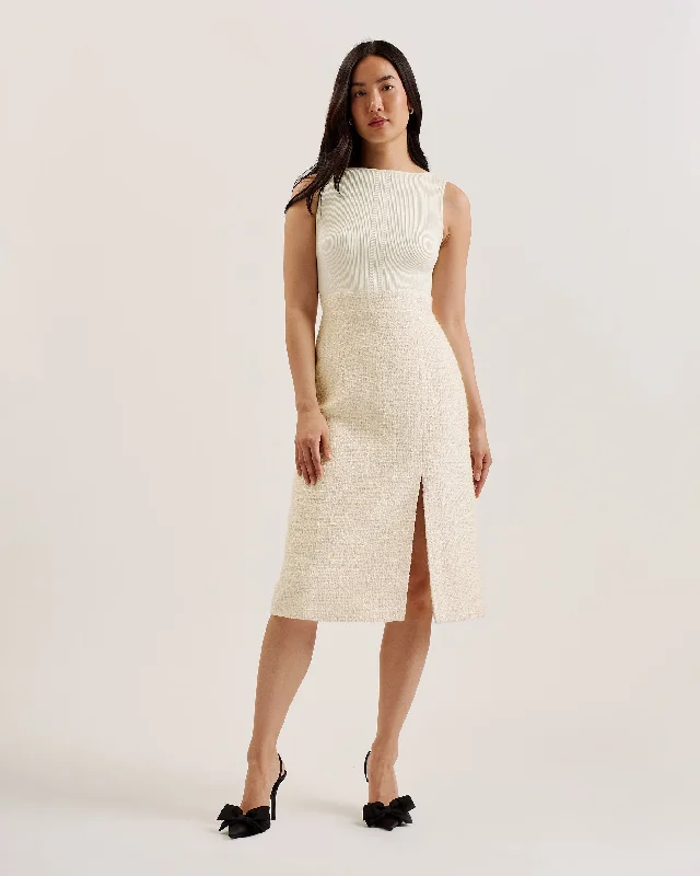 Take Action Morim Knit Bodice Boucle Midi Skirt With Side Ivory