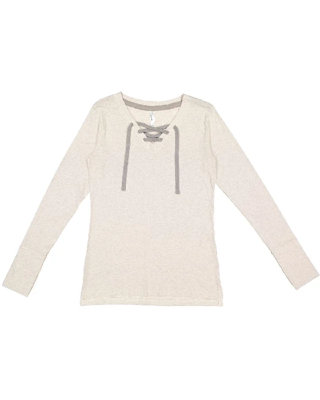 Weekend Specials to Love LAT Ladies Long Sleeve Fine Jersey Lace-Up T-Shirt | Ntrl Hthr/ Titnm Weekend Specials to Love LAT Ladies Long Sleeve Fine Jersey Lace-Up T-Shirt | Ntrl Hthr/ Titnm
