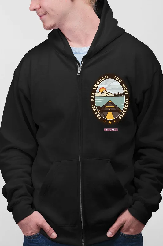 Special Buy Travel Far Enough - Full Zip Premium Hoodies Black No Threads
