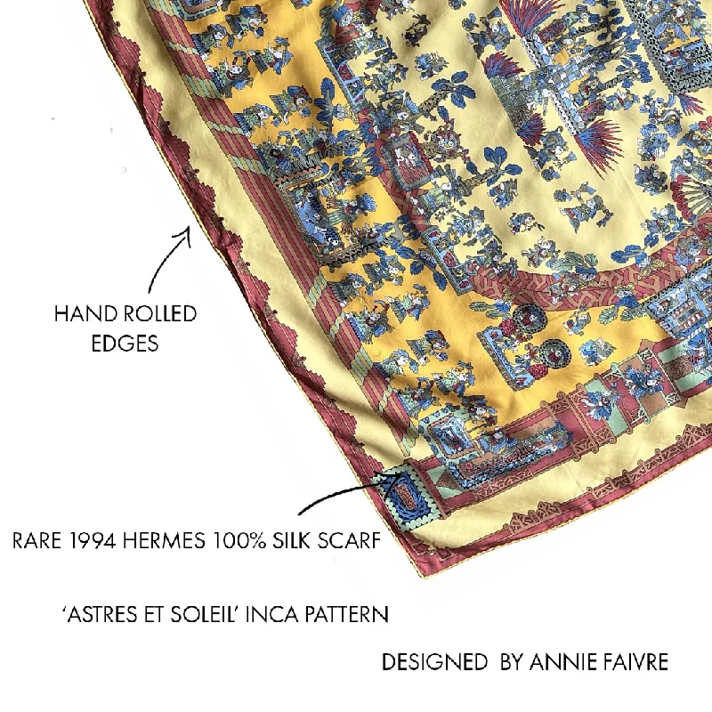 Best Choice Rare Hermes c1994 'Astres et Soleils' Inca Pattern Yellow 100% Silk Scarf