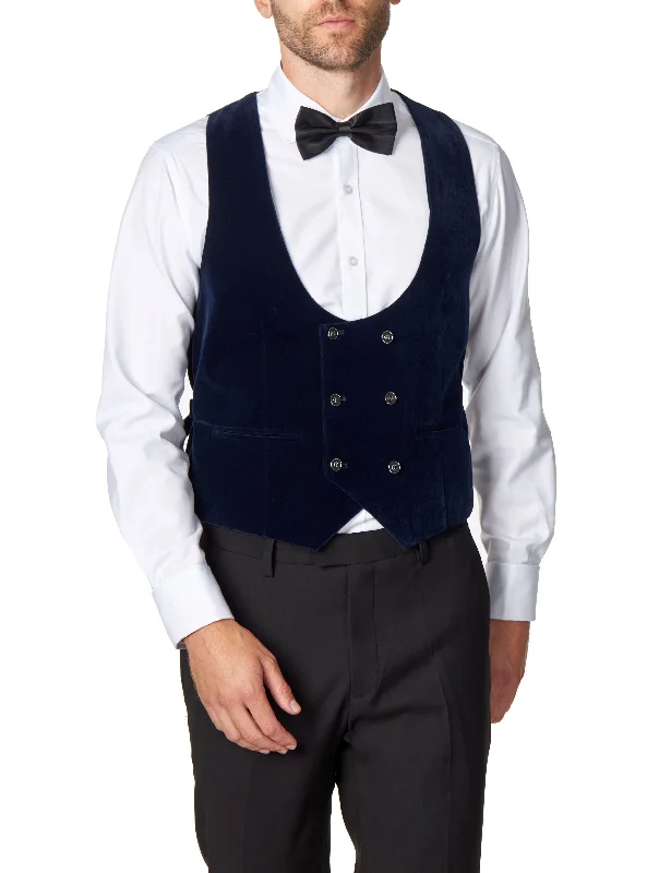 Low Price NAVY VELVET DOUBLE BREASTED LOW U CUT WAISTCOAT