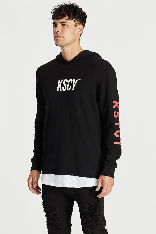 Special Price Kiss Chacey MENS LIVE LIFE LAYERED HEM HOODED SWEATER - JET BLACK