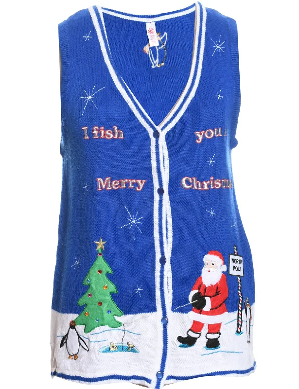 Santa Claus Design Blue Knit Christmas Vest - S