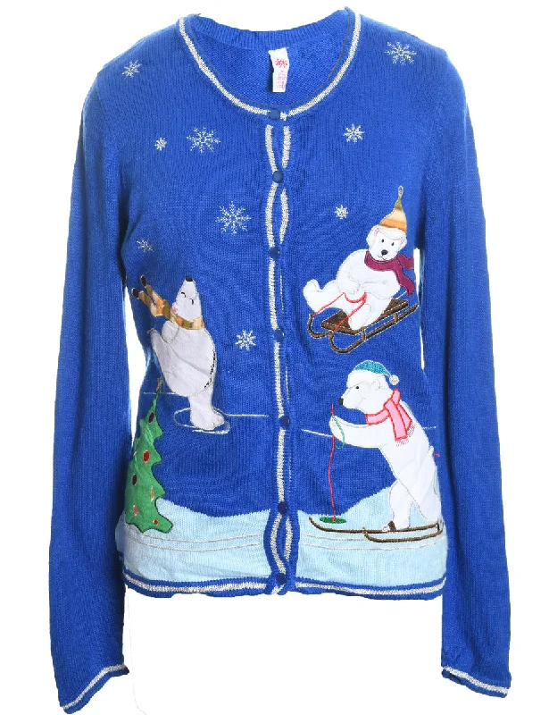 Flash Sale Polar Bear Design Blue Knit Christmas Cardigan - M