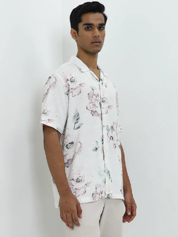 Special Buy ETA White Floral Printed Relaxed-Fit Cotton Blend Shirt