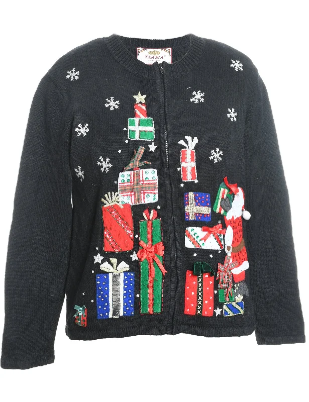 Santa Claus Design Black Embroidered Christmas Cardigan - S