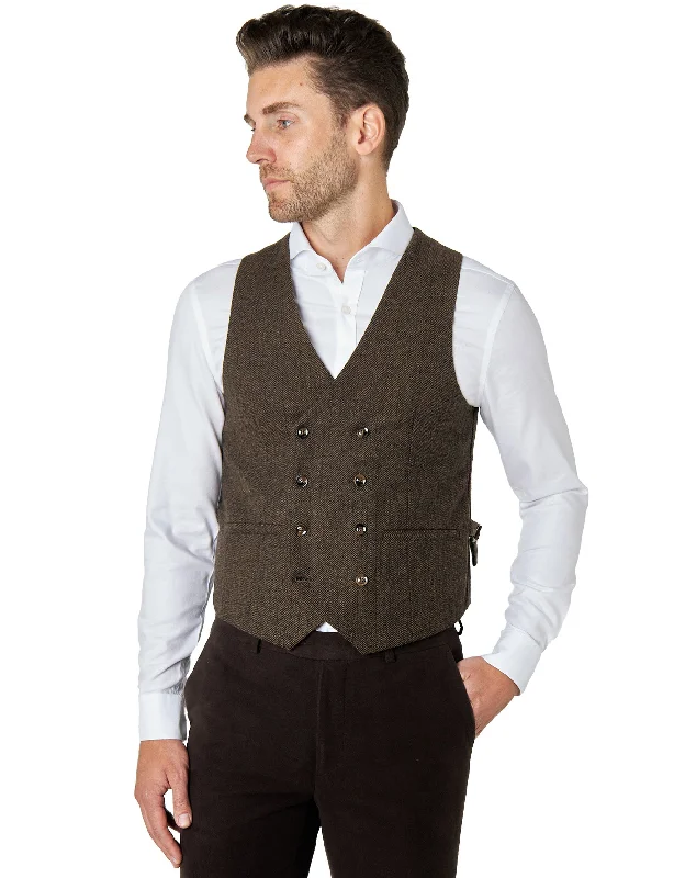 Steals and Deals JAX - HERRINGBONE TWEED DOUBLE BREASTED WAISTCOAT IN BROWN