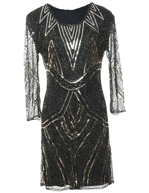 Sequined Black & Silver Metallic Evening Dress - M