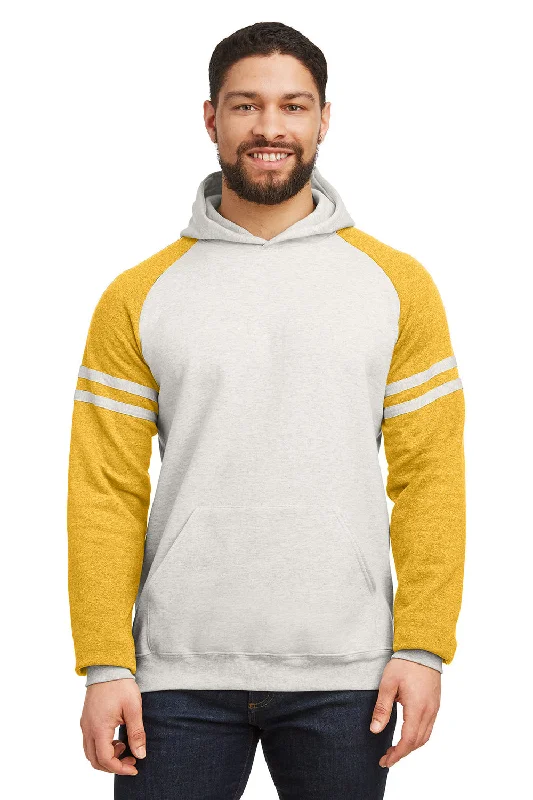 Weekend Specials to Savor Jerzees Mens NuBlend Fleece Varsity Colorblock Hooded Sweatshirt Hoodie w/ Pouch Pocket - Heather Oatmeal/Mustard Yellow